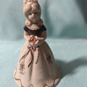 VINTAGE WOMEN HOLDING A ROSE PORCELAIN BELL FIGURE MADE IN TAIWAN
